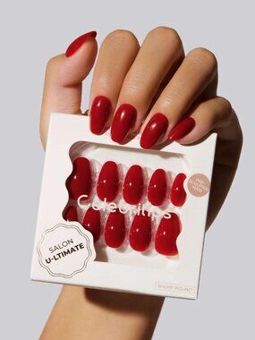 Celebritips Red Red Press On Nails Short Round Builder Gel U-LTIMATE NIB